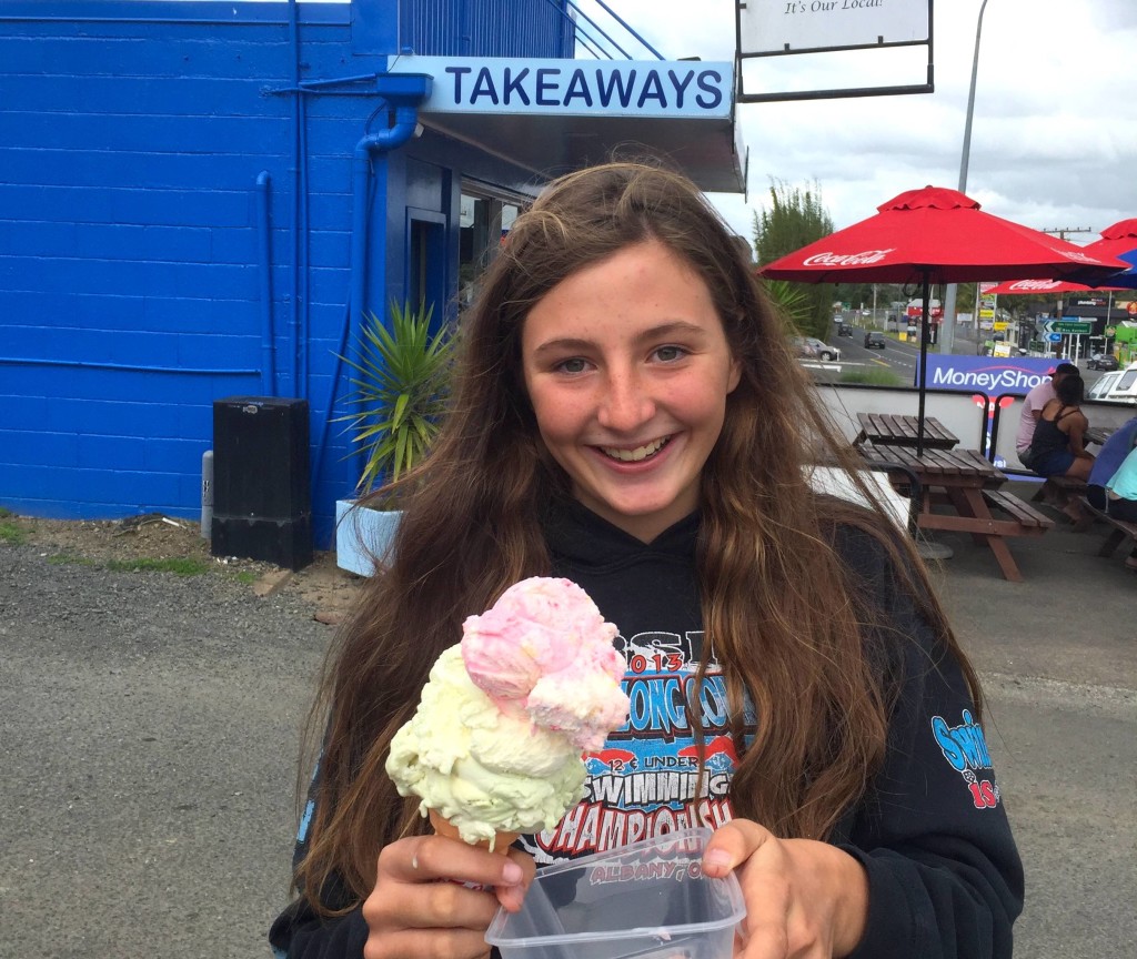 Da Goods - Sarah with some the spoils from exploring. This is a small kiddie cone!